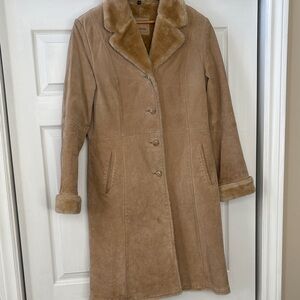 Vintage tan split skin/suede  full length coat faux plush lining EUC